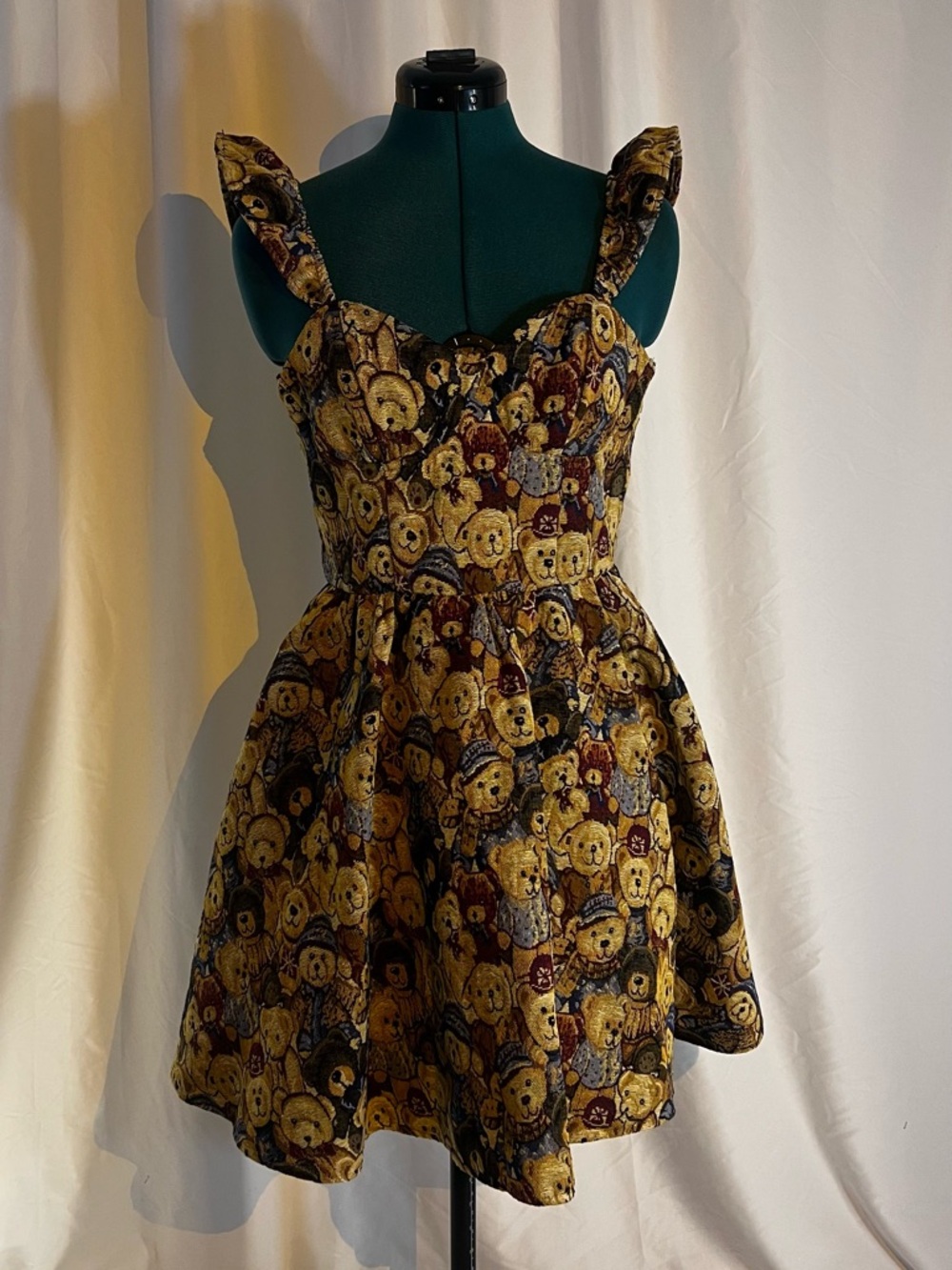 Playful Teddy Bear Print A-Line Dress in Mustard & Black